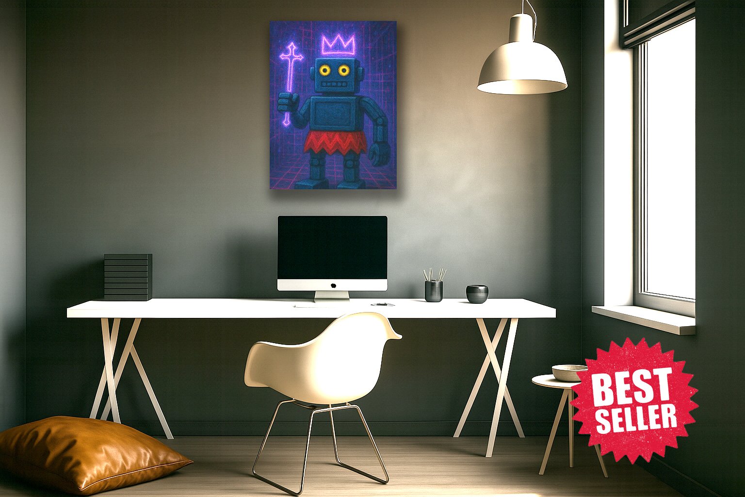 Modern home office with a white desk, a computer, and decorative items. There is a chair in front of the desk, a pillow on the floor, and a small side table with bowls. A colorful, pixel art-style painting of a robot with a crown is on the wall. A large window and a hanging lamp illuminate the room. A 'Best Seller' sticker is on the image.