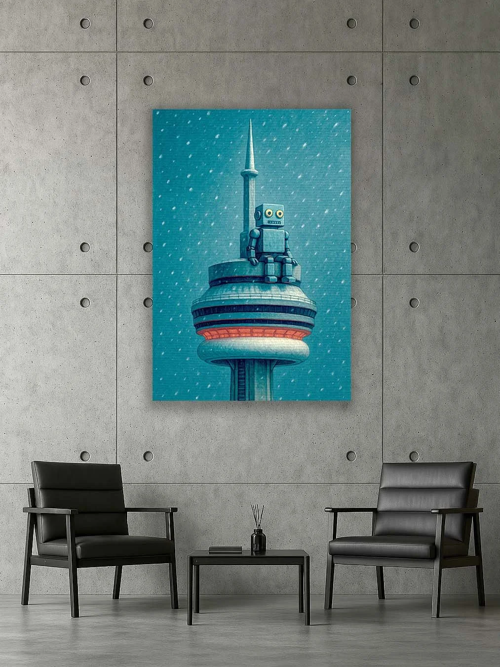 Robot King sitting atop the CN Tower in a snowy sky - modern digital canvas art displayed in a minimalist concrete gallery by House of Art.