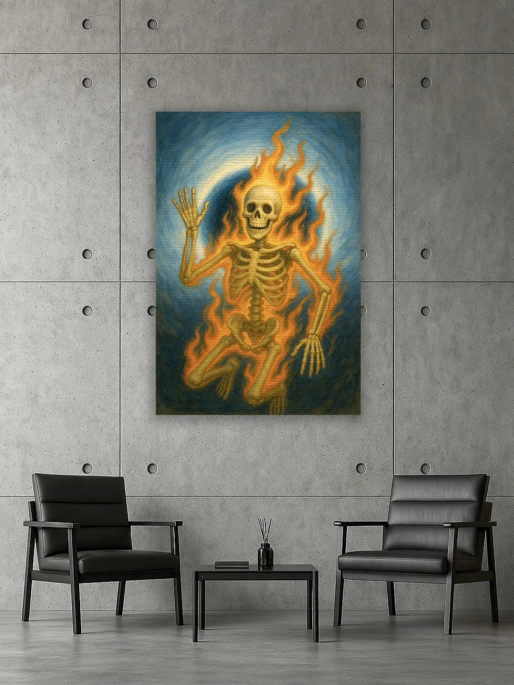 Canvas wall art mockup of a flaming skeleton character floating in a swirl of blue and orange energy in a modern concrete lounge setup with two black chairs.