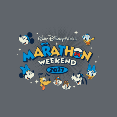 A large colorful banner for the Disneyland Half Marathon Weekend 2025, presented by Honda, displayed indoors with decorative patterned carpet in the foreground.