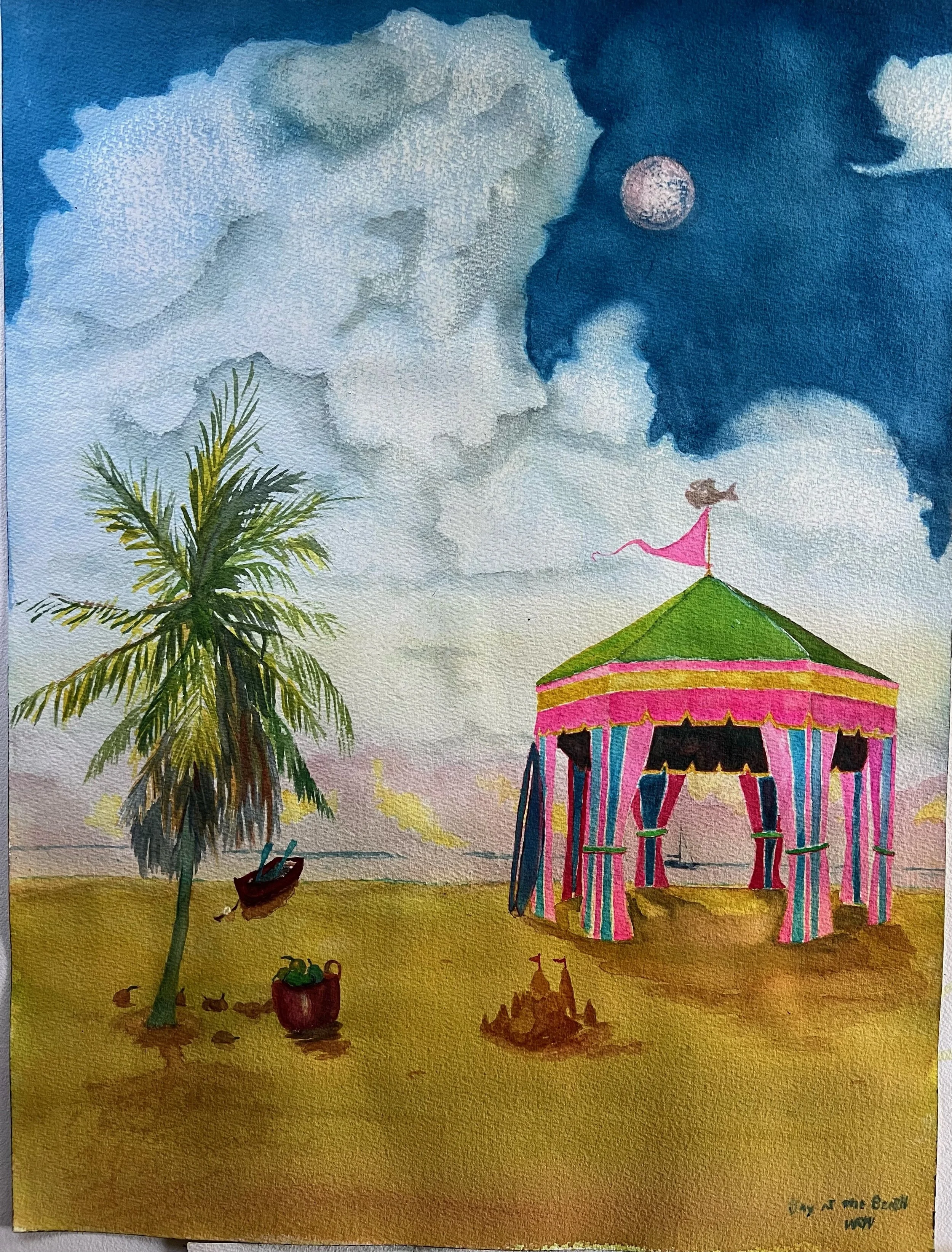 Night Beach Tent- Watercolor- 18x24- $950