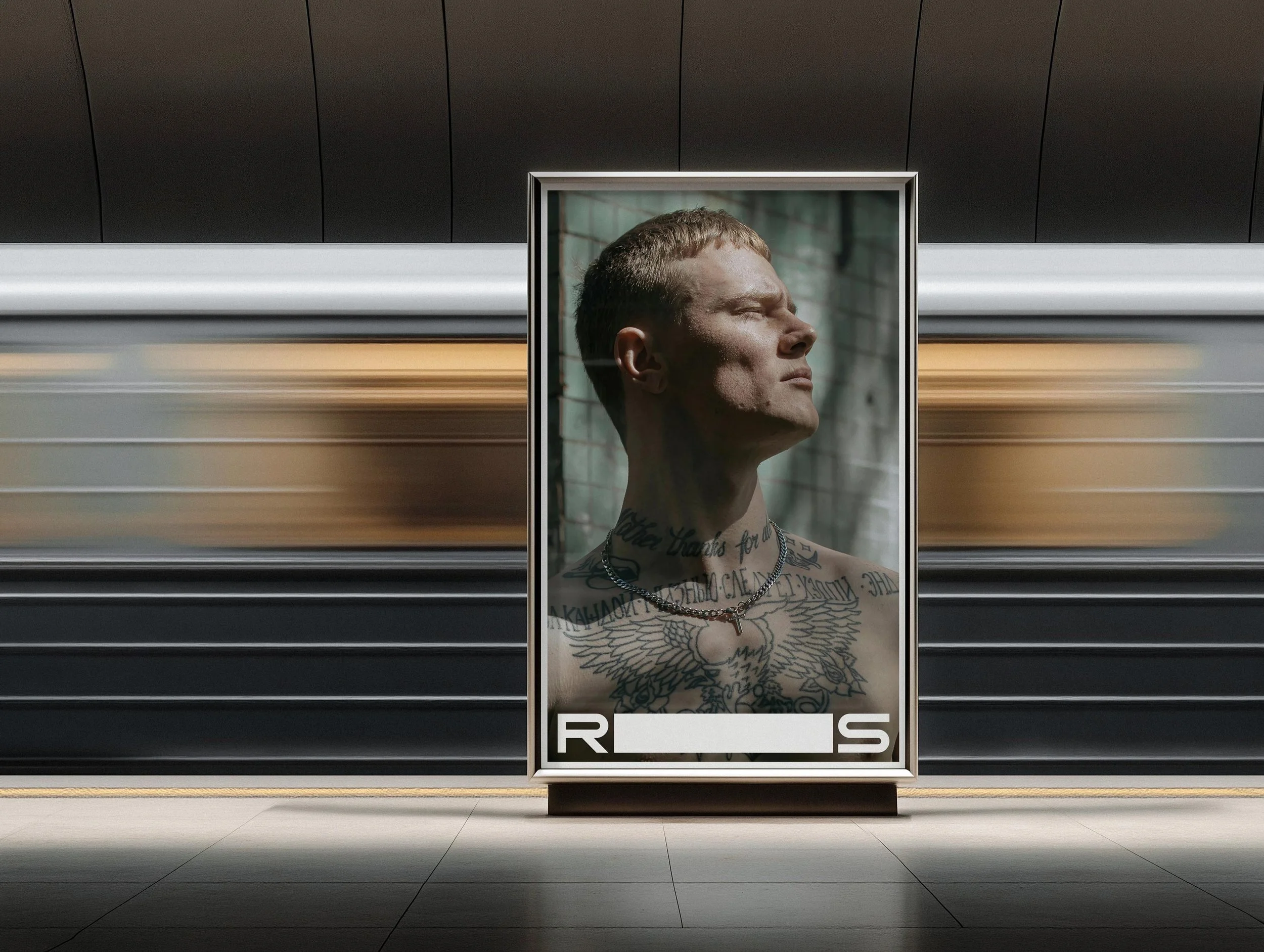 Relentless performance brand campaign displayed in a subway environment, featuring a bold athlete portrait and confident typographic presence. The high-impact layout communicates strength, focus and unstoppable drive.