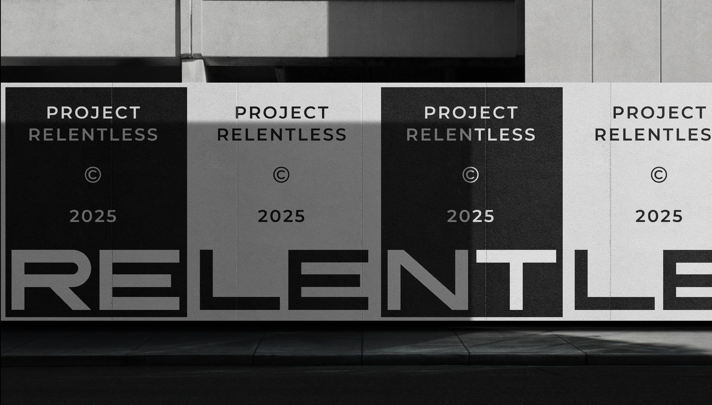 Large-format poster installation for Project Relentless featuring modular layouts, strict typography, and institutional branding language.