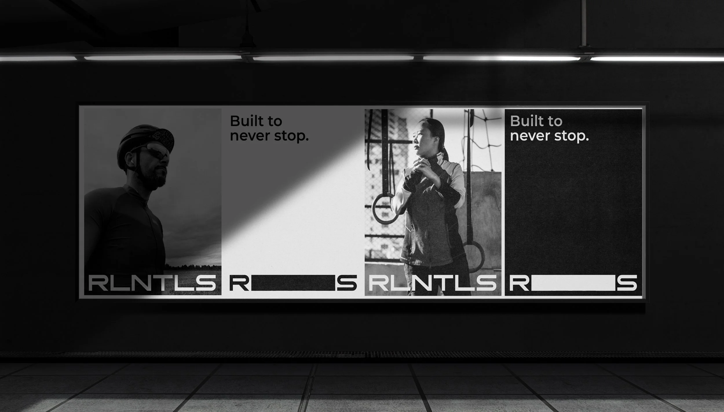 Relentless brand campaign across a large-format transit wall, combining athlete photography with the message “Built to never stop.” The system creates powerful, repeatable visibility for a modern performance identity.