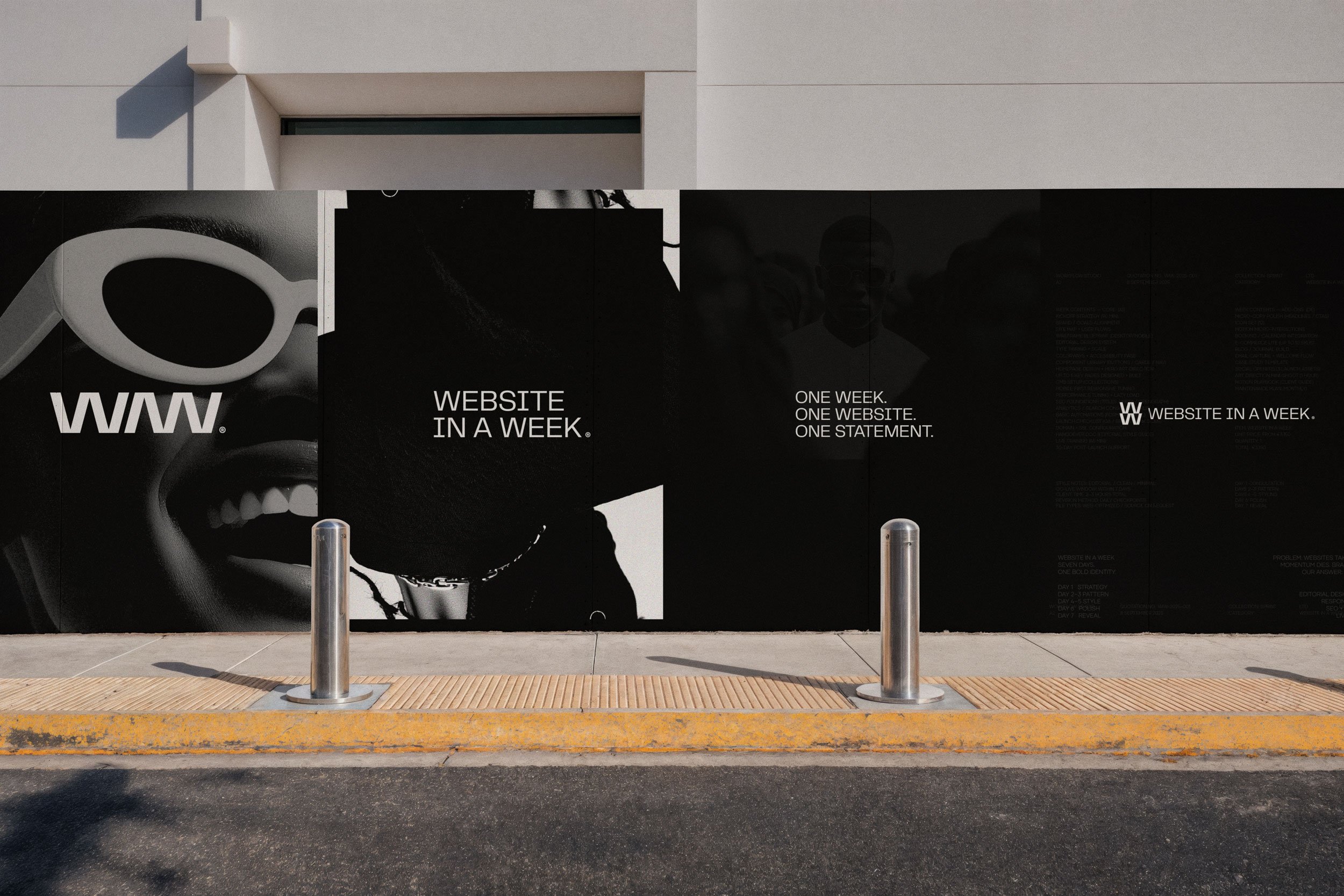 Urban billboard-style application for Website in a Week combining bold typography and restrained imagery to position the service as decisive, modern, and outcome-driven.