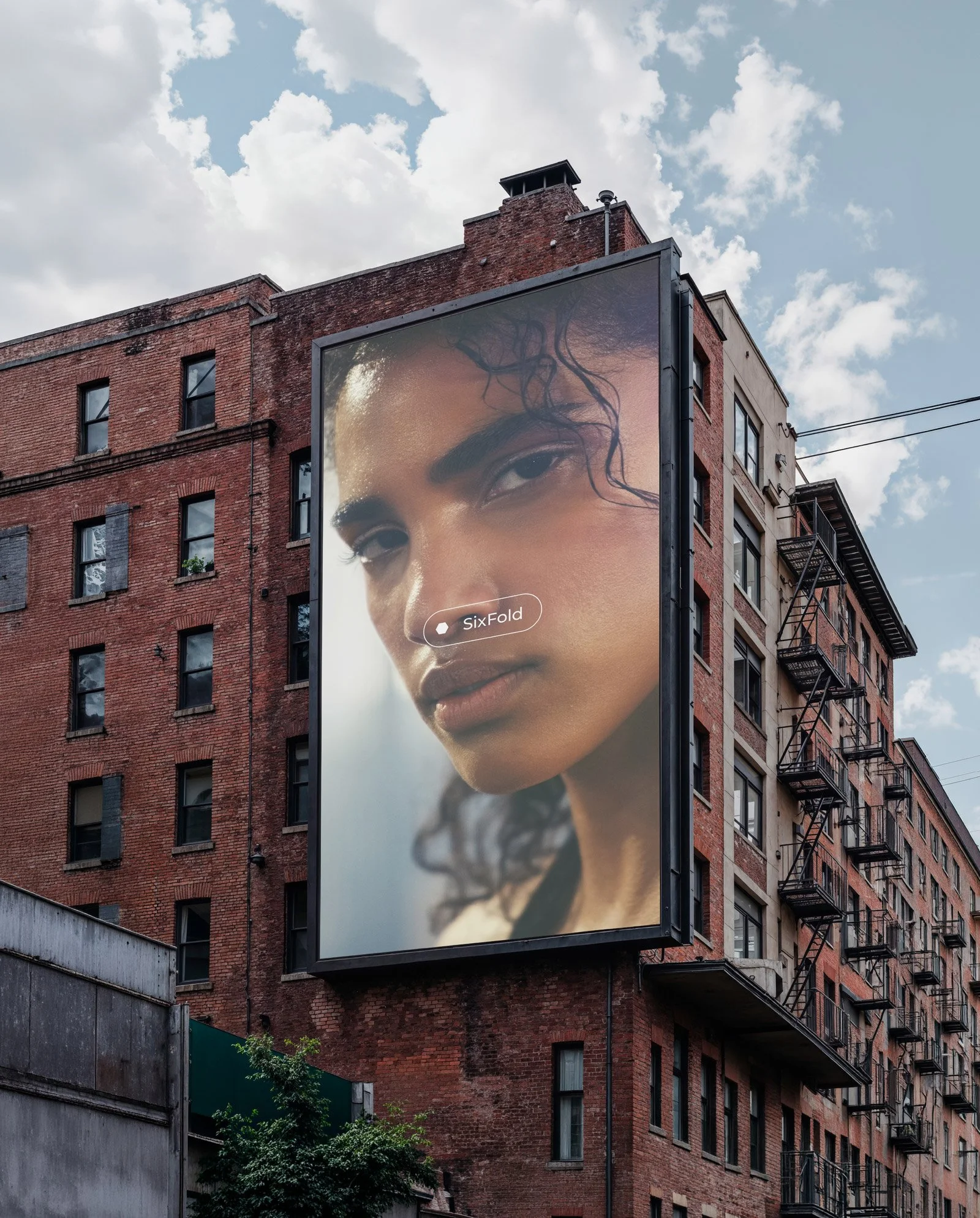 Sixfold brand identity design featuring large-scale portrait photography on an urban building billboard, showcasing creative direction and advertising design.