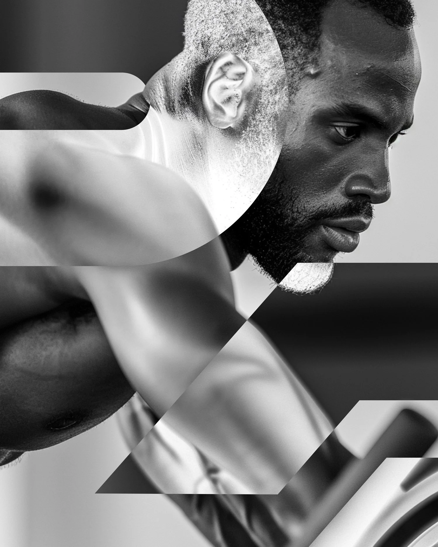 Conceptual black-and-white brand visual for Pure Strength combining athletic portraiture with graphic forms, representing power, precision, and the engineered nature of physical performance.