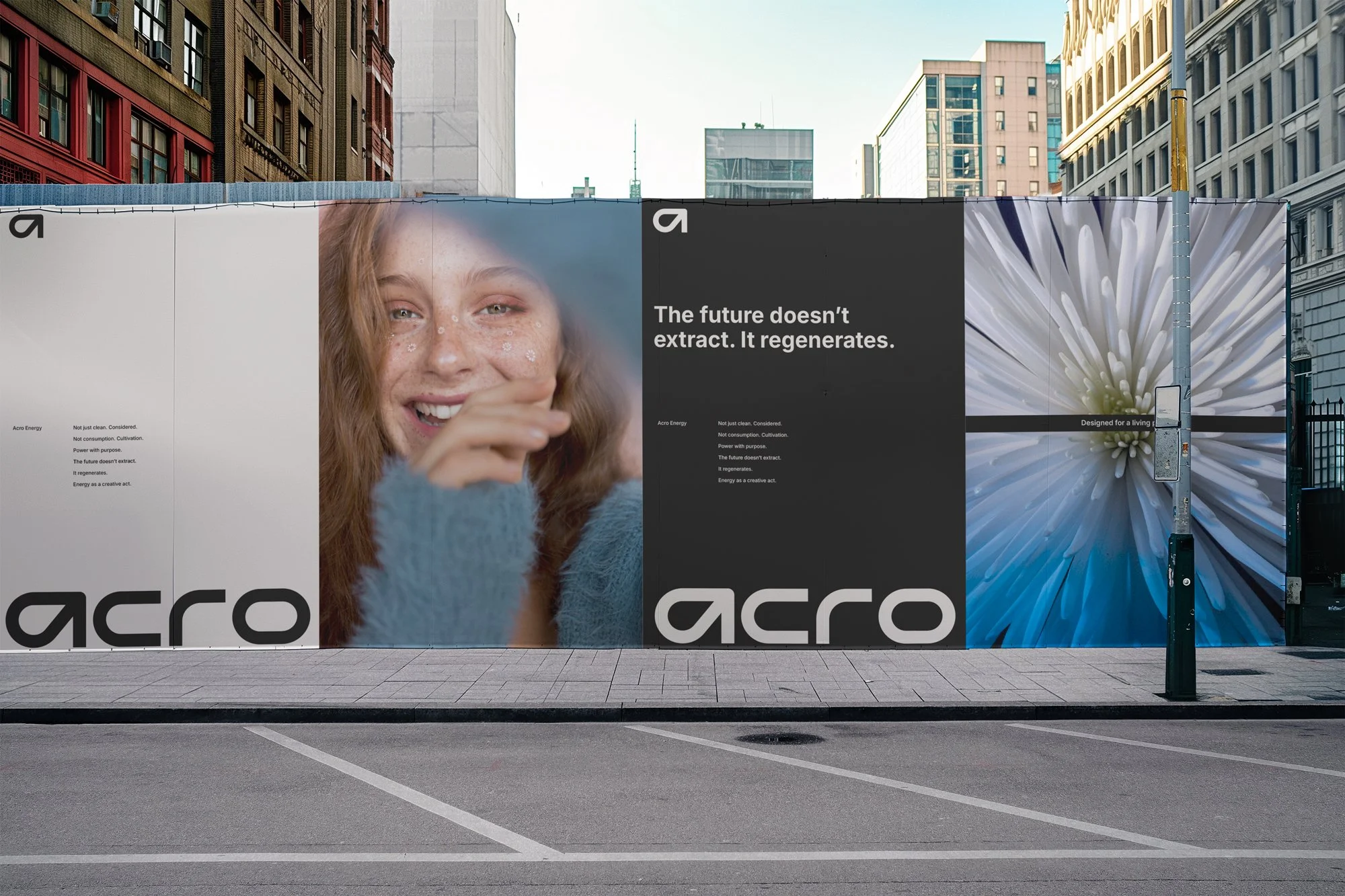 Urban billboard installation presenting the Acro Energy brand identity across multiple panels, combining human portraiture, manifesto-led messaging, and nature-driven visuals to express a regenerative energy narrative.