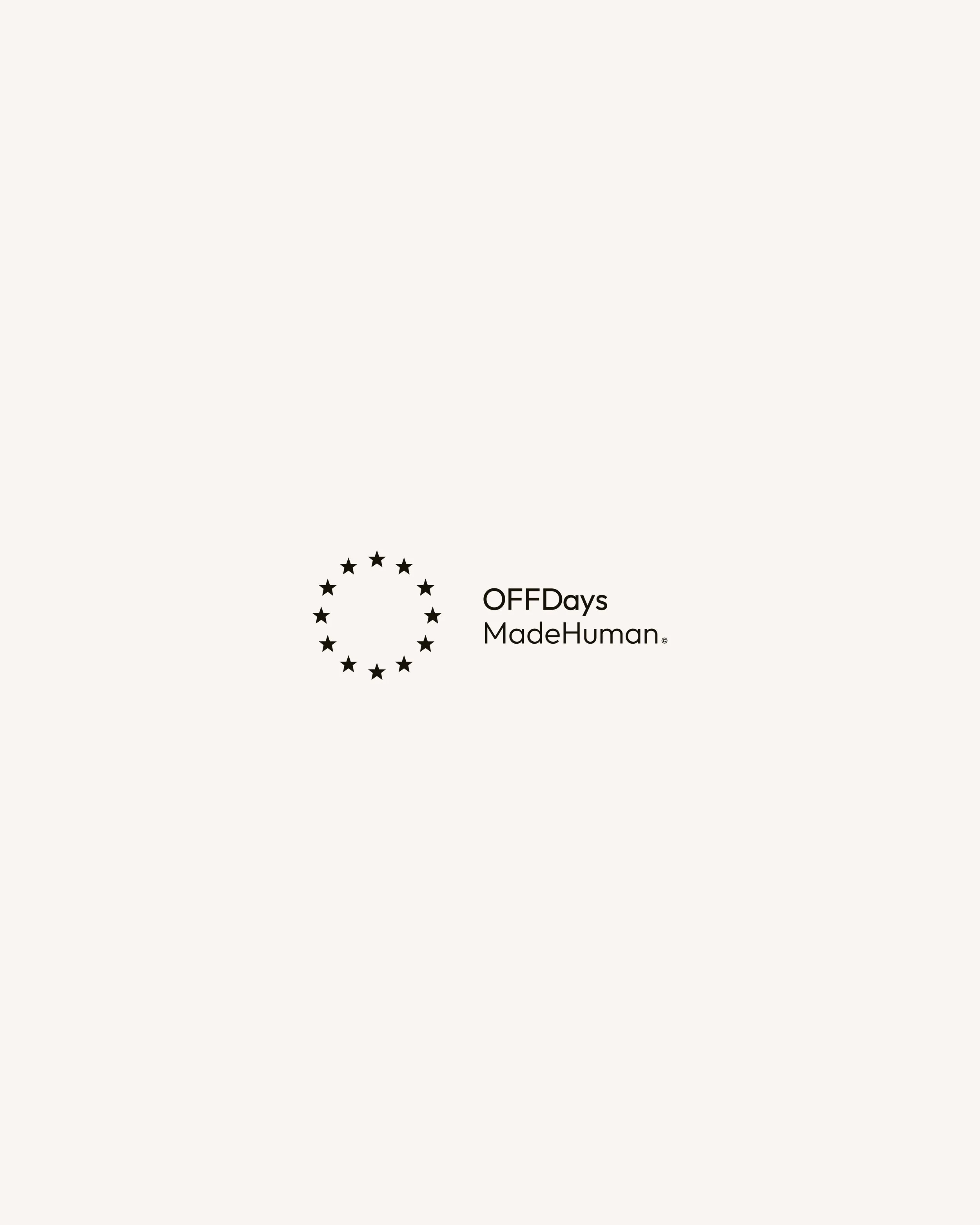 OFFDays lifestyle brand identity featuring the symbol ring paired with the MadeHuman signature. The minimal, typography-led arrangement reinforces clarity, authorship and modern brand restraint.