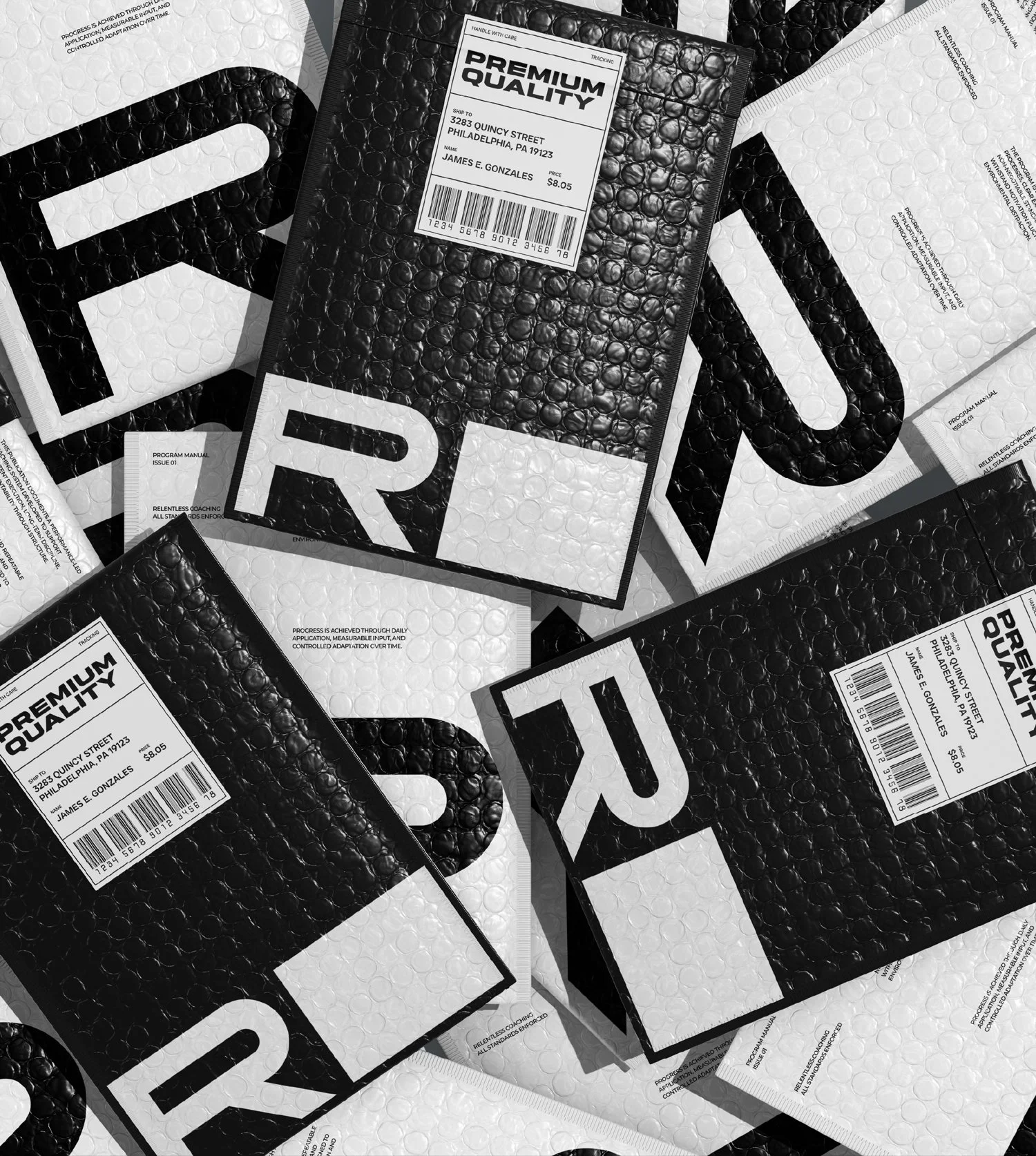 Relentless printed collateral designed with modular graphics, monochrome contrast, and protocol-led structure inspired by performance documentation.