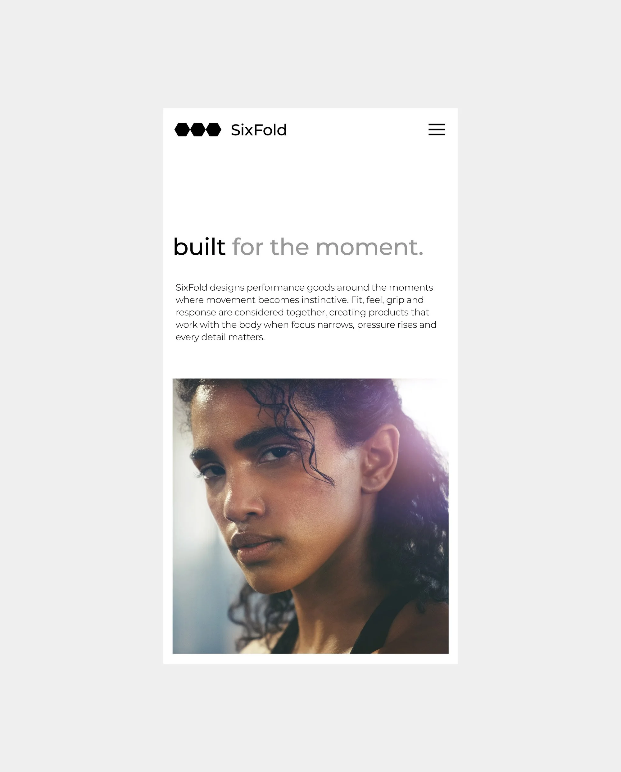 Sixfold sports performance website design featuring an editorial layout, minimalist typography and athletic portrait photography within a contemporary digital brand identity.