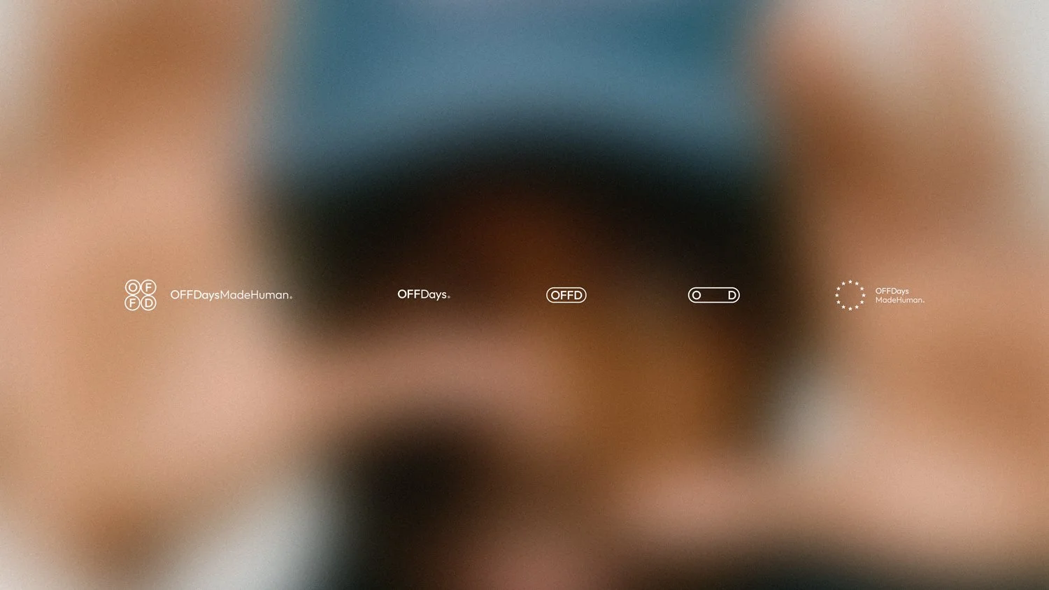 OFFDays lifestyle brand identity presenting the complete logo system, including wordmark, OFFD monogram, capsule marks and MadeHuman signature. Set within blurred imagery, the typography-led approach builds calm, flexible brand recognition.