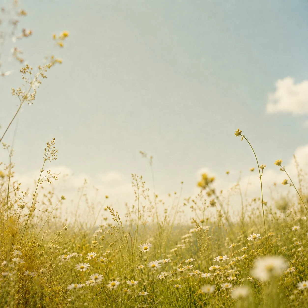 White daisies and wild grasses in a sunny meadow beneath a soft blue sky