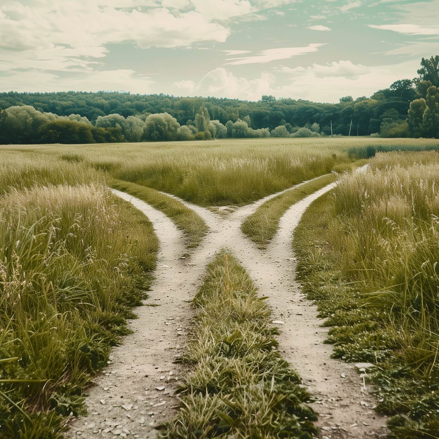 Forked path in an open field, symbolizing choice, direction, and navigating life’s transitions