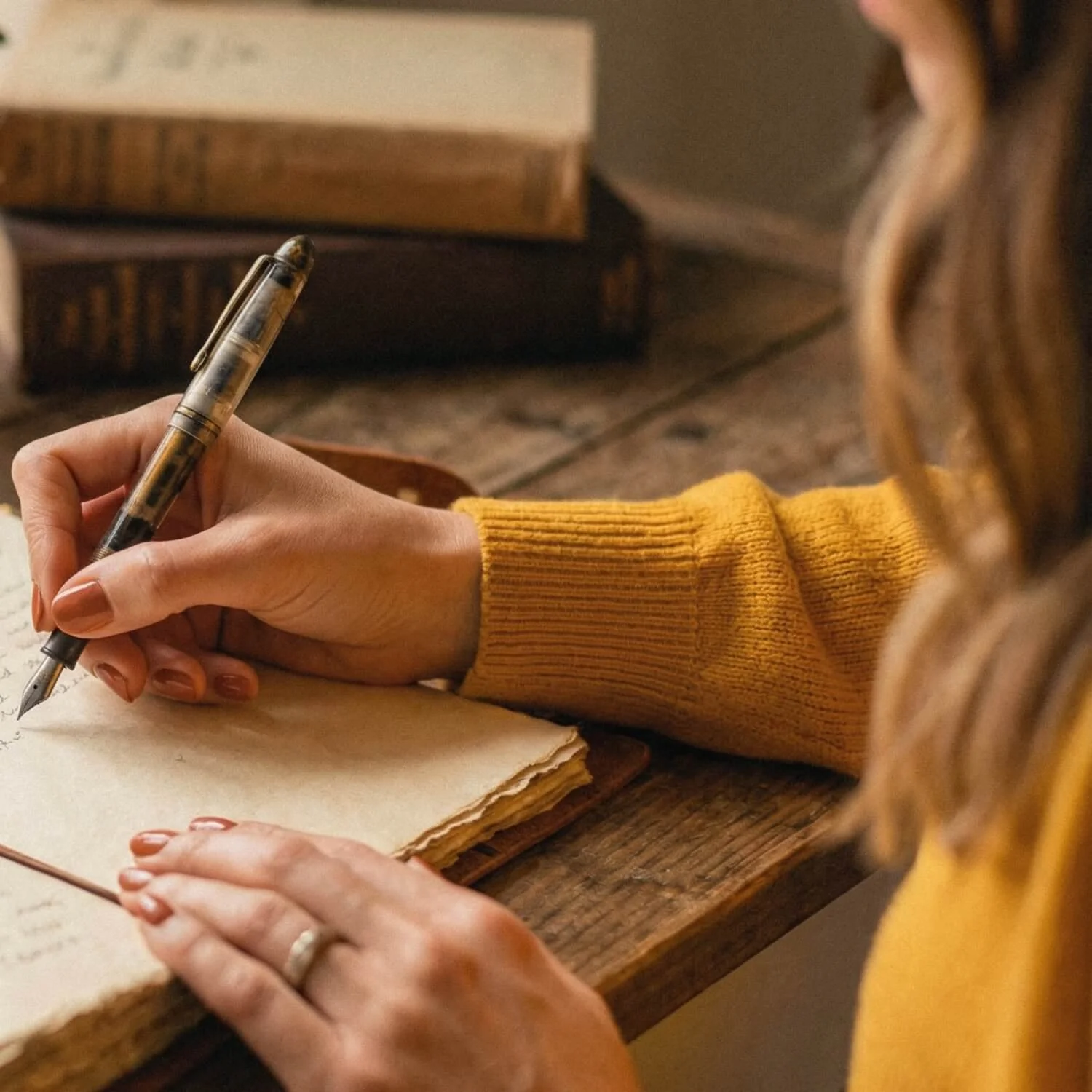 Person writing in a notebook beside books representing ongoing learning, reflection, and professional development