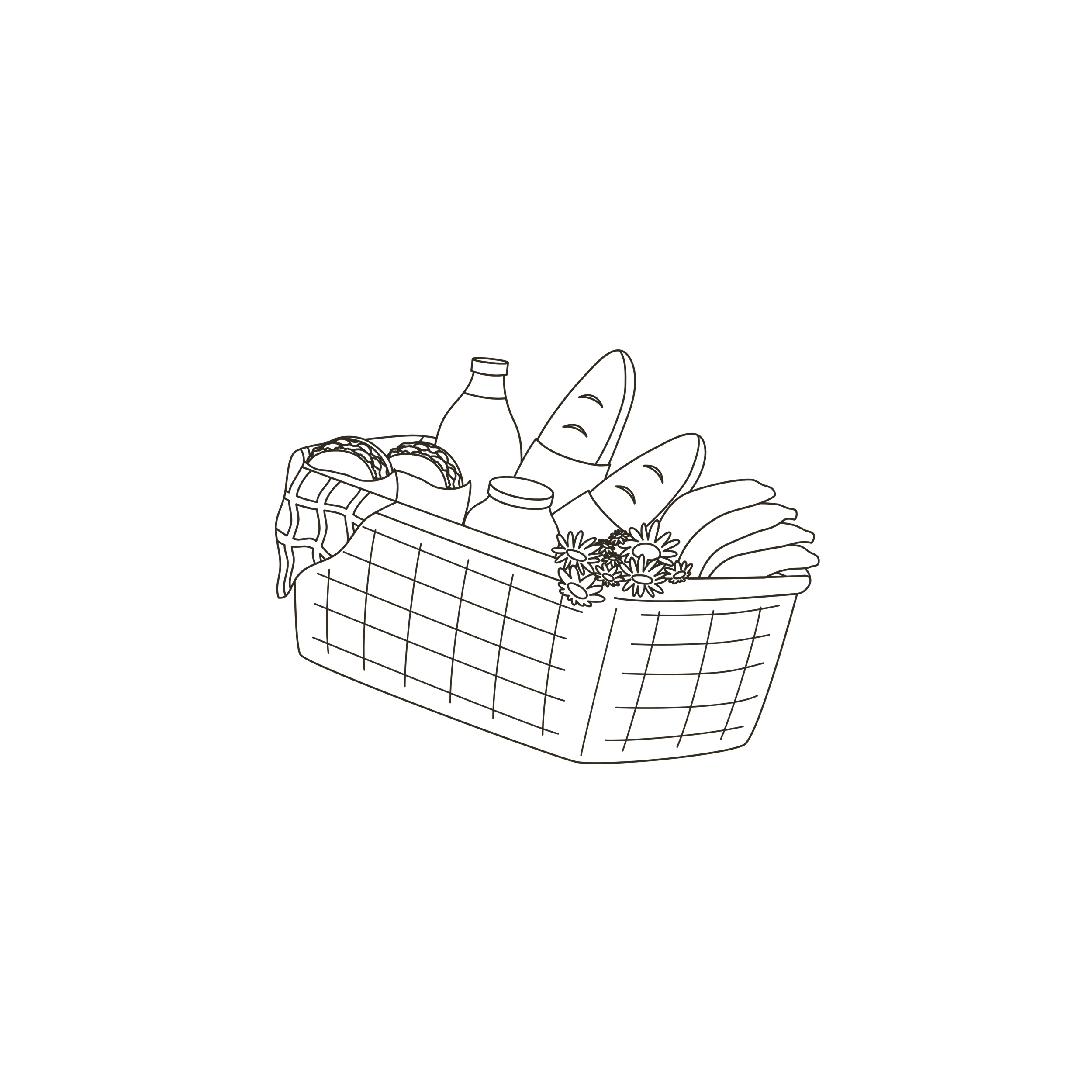 Illustration of a grocery bag with fresh foods, representing mindful eating skills and course curriculum focused on nourishment and food awareness