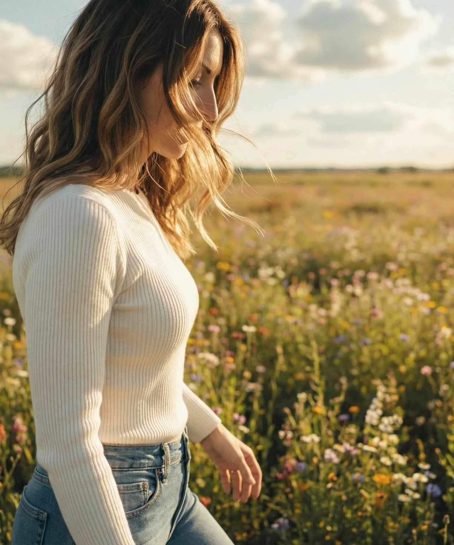 Woman walking thoughtfully through a sunlit field, reflecting understanding, compassion, and support for women navigating body image, motherhood, and life transitions