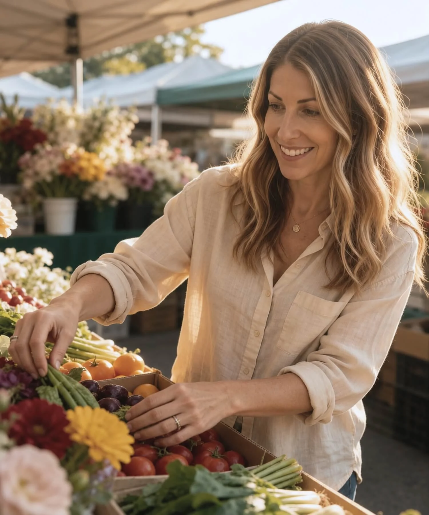 Woman selecting fresh produce at a farmers market, representing individuals seeking a more mindful, intentional, and balanced relationship with food