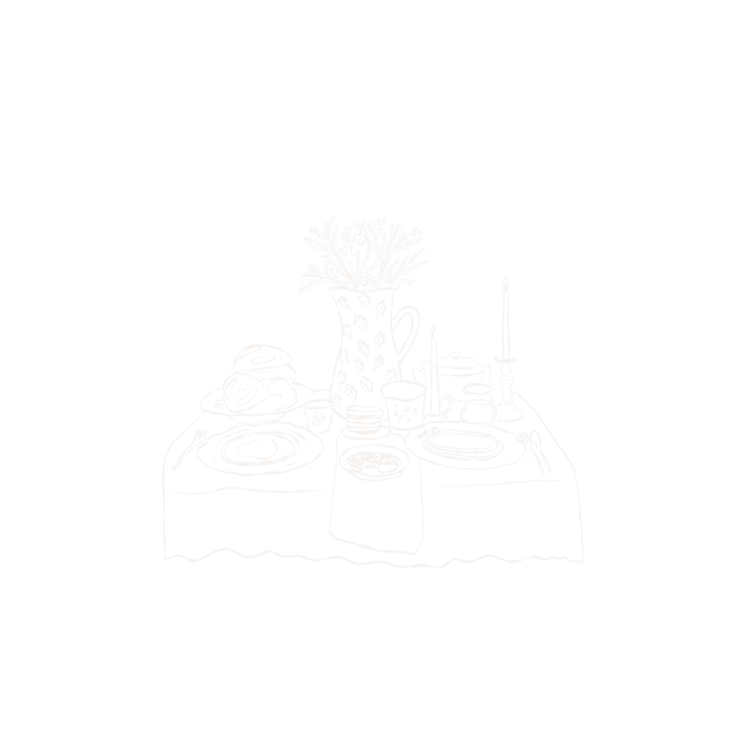 Minimalist illustration of a shared table with food and place settings, symbolizing presence, nourishment, and mindful eating