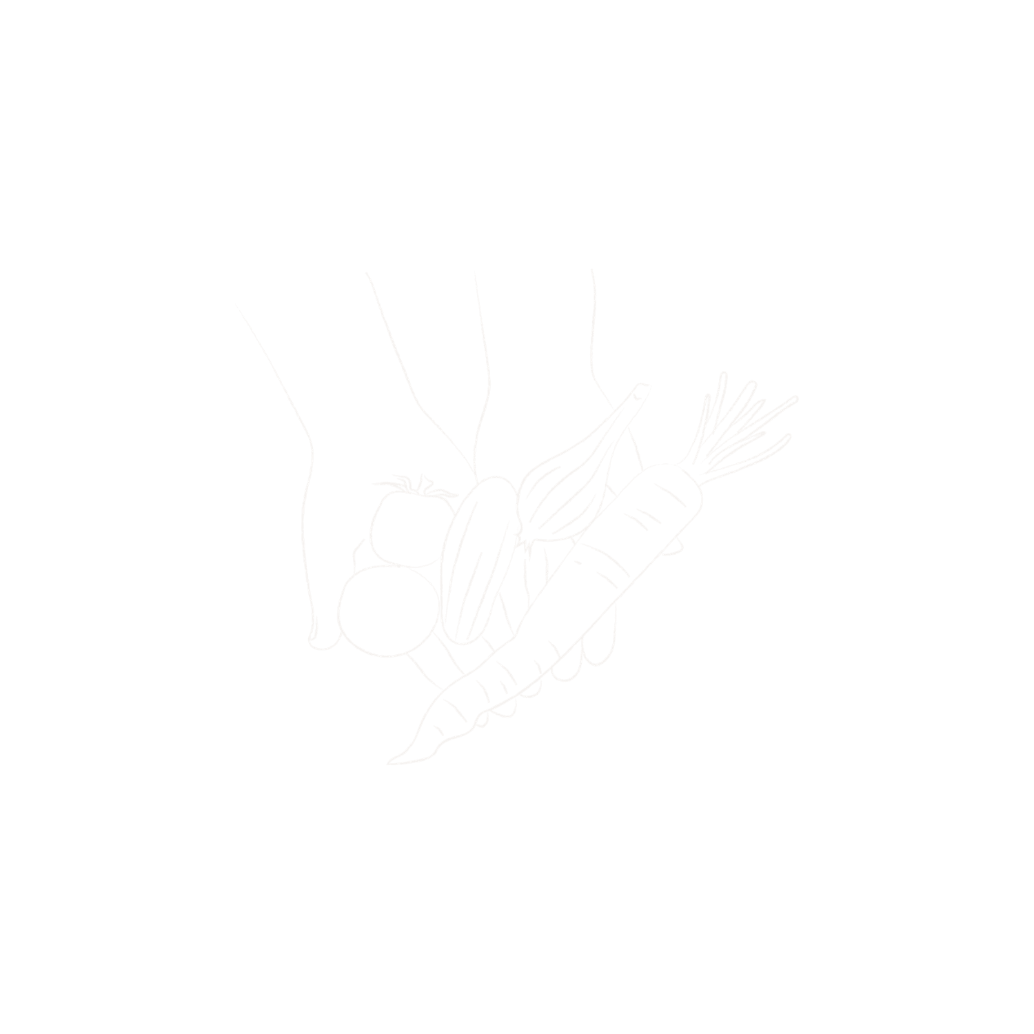 Line drawing of a hand holding various vegetables, including a tomato, carrots, a cucumber, a leek, and a bunch of chives.
