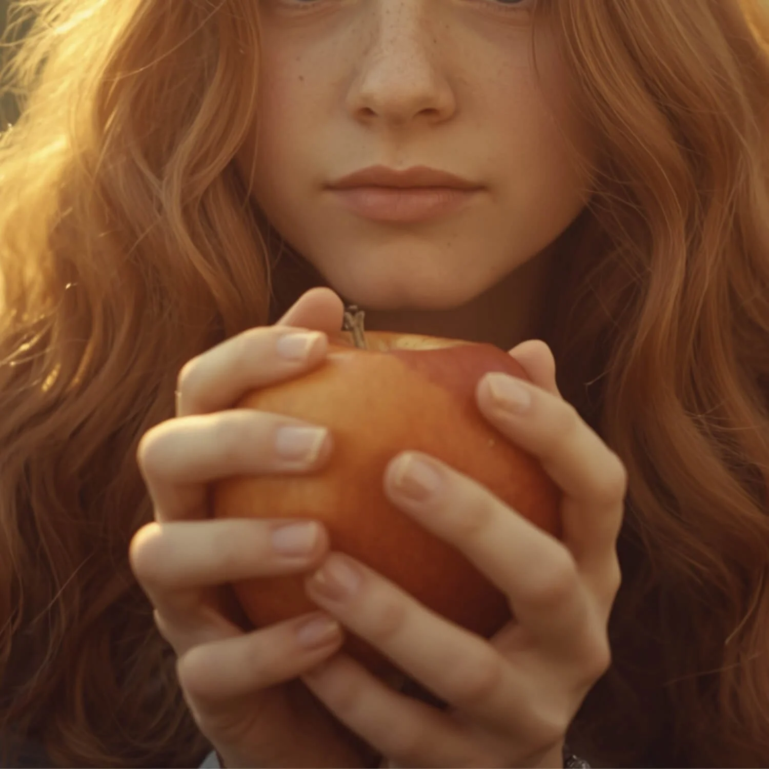 Close-up of a young woman holding an apple, symbolizing generational patterns, body image, and motherhood healing.