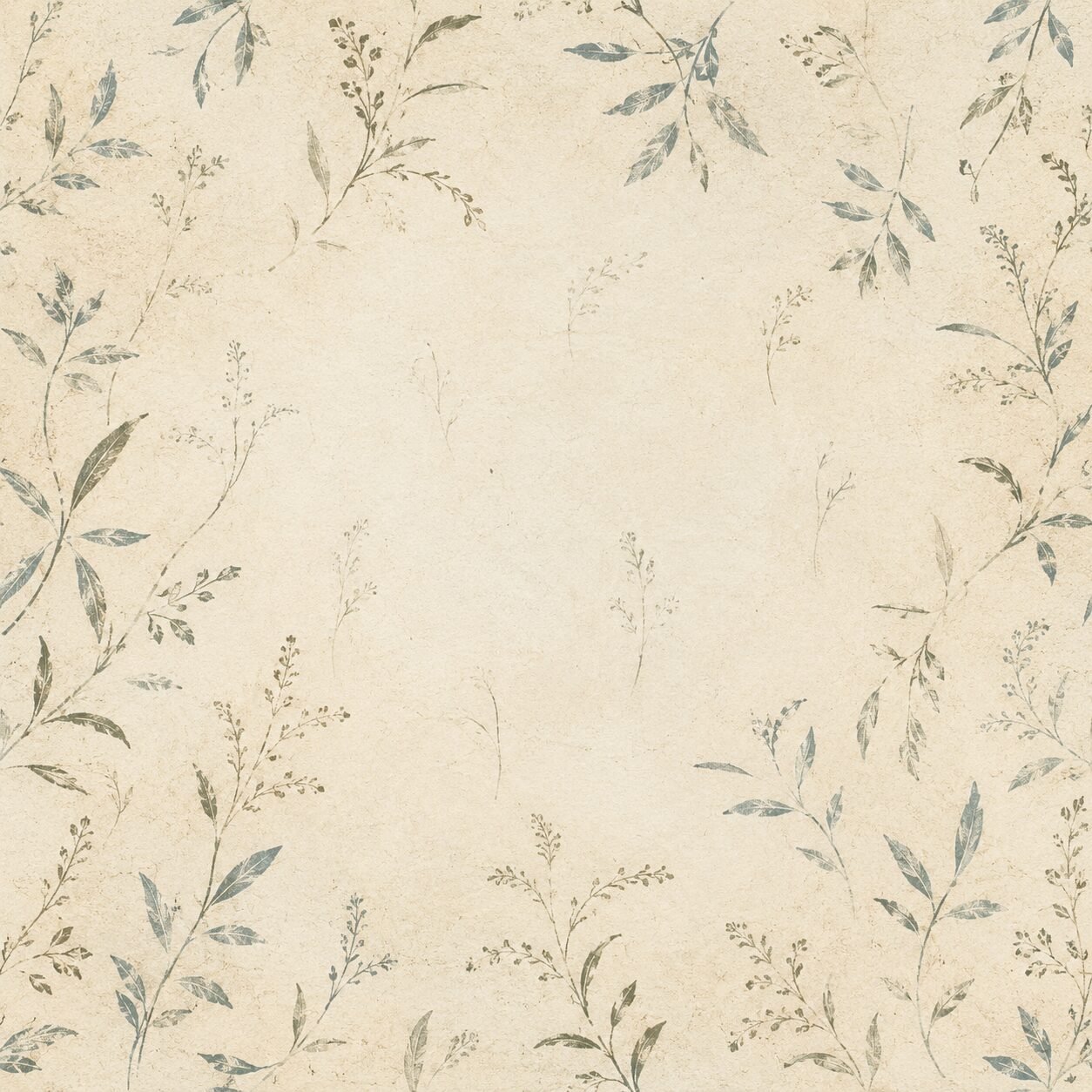 A repeating pattern of delicate sprigs of leaves and small flowers in shades of green, yellow, and brown on a beige background.
