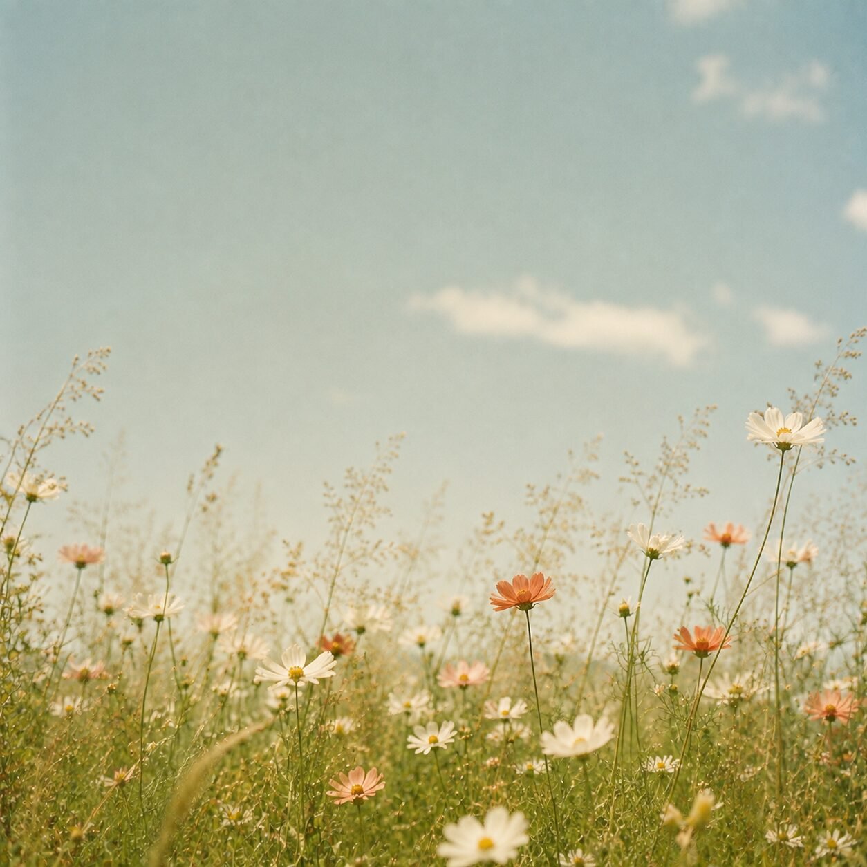 White and coral cosmos flowers in a sunlit meadow beneath a soft blue sky