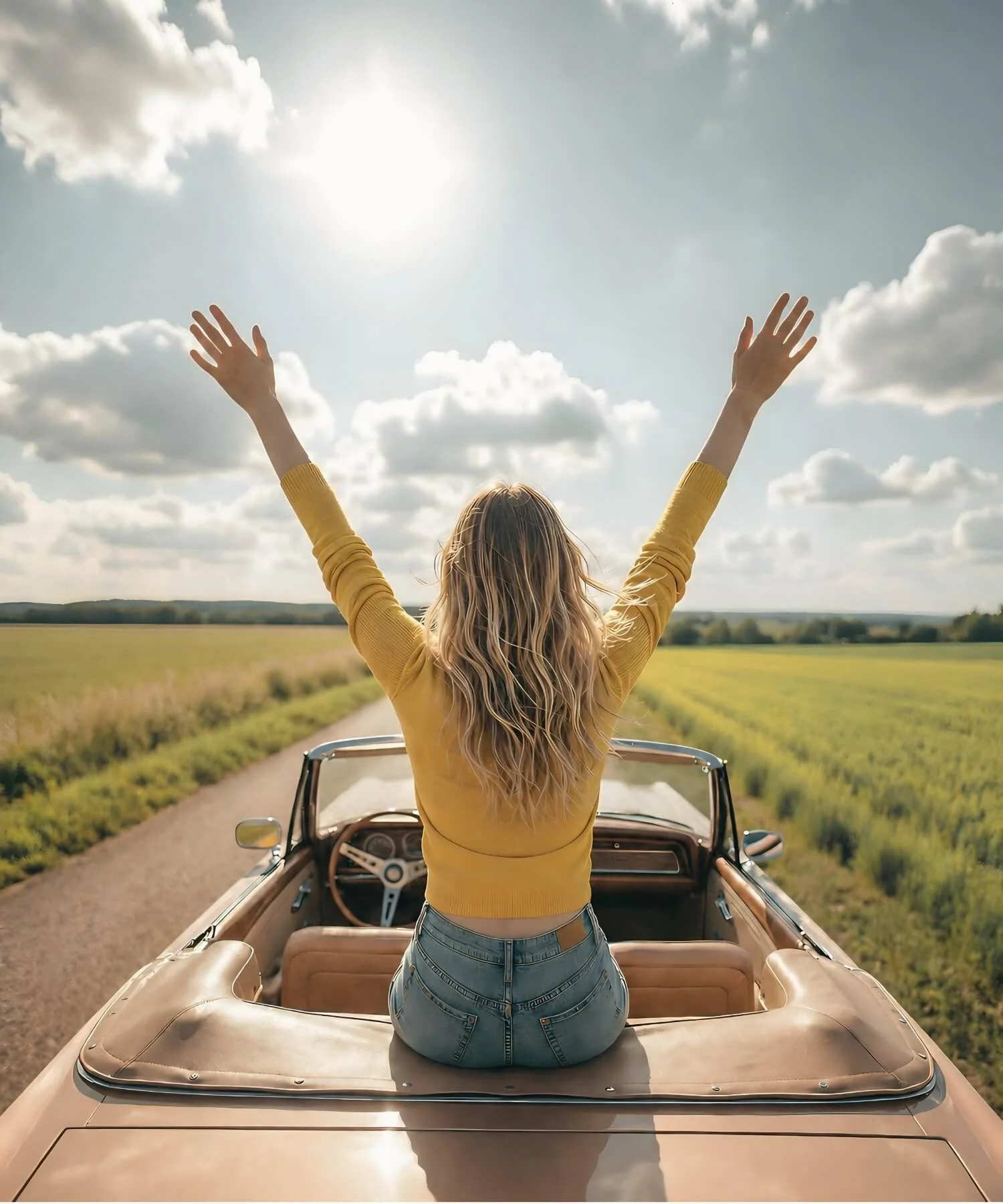 Woman with arms raised while sitting in a convertible on an open road, symbolizing freedom, healing, personal growth, and emotional wellness through therapy