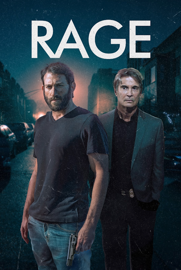 Two men standing in a dark urban street, one holding a pistol, with the word 'RAGE' at the top.