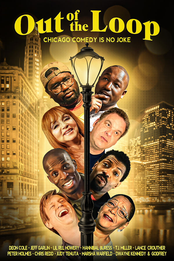 Promotional poster for "Out of the Loop" featuring comedians around a lamppost with a Chicago cityscape background.