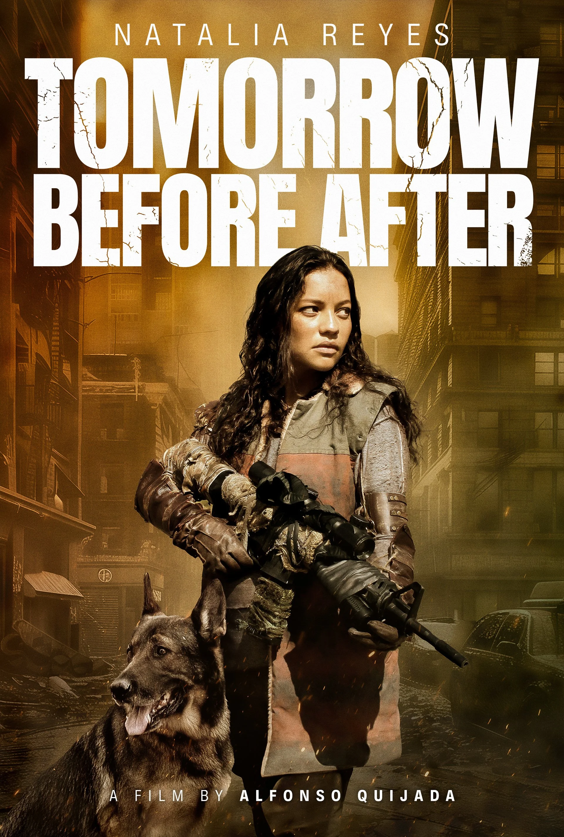 Movie poster for 'Tomorrow Before After' featuring a woman holding a weapon beside a German Shepherd, set in a dystopian urban environment.