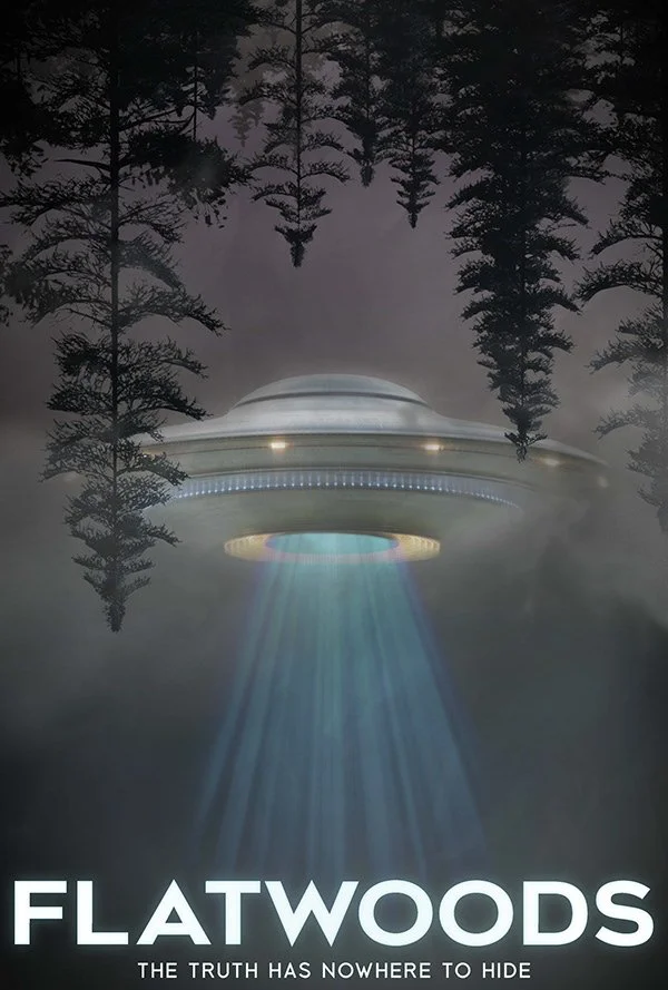 Poster of a UFO in misty forest with 'Flatwoods' title.