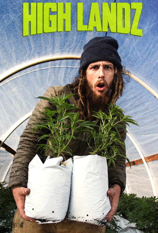 Person holding two potted cannabis plants in a greenhouse with the text 'HIGH LANDZ' above.