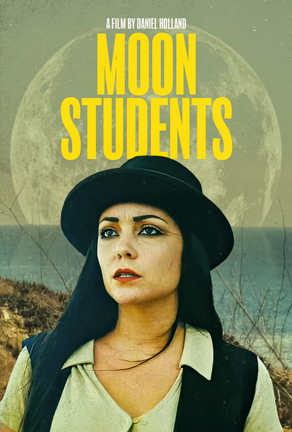 Film poster for 'Moon Students' featuring a woman in a hat with a moon background.