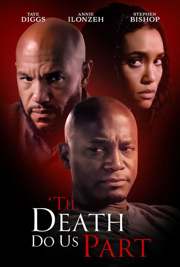 Promotional poster for the film "'Til Death Do Us Part" featuring three individuals against a red background, with the movie title in white and red text.
