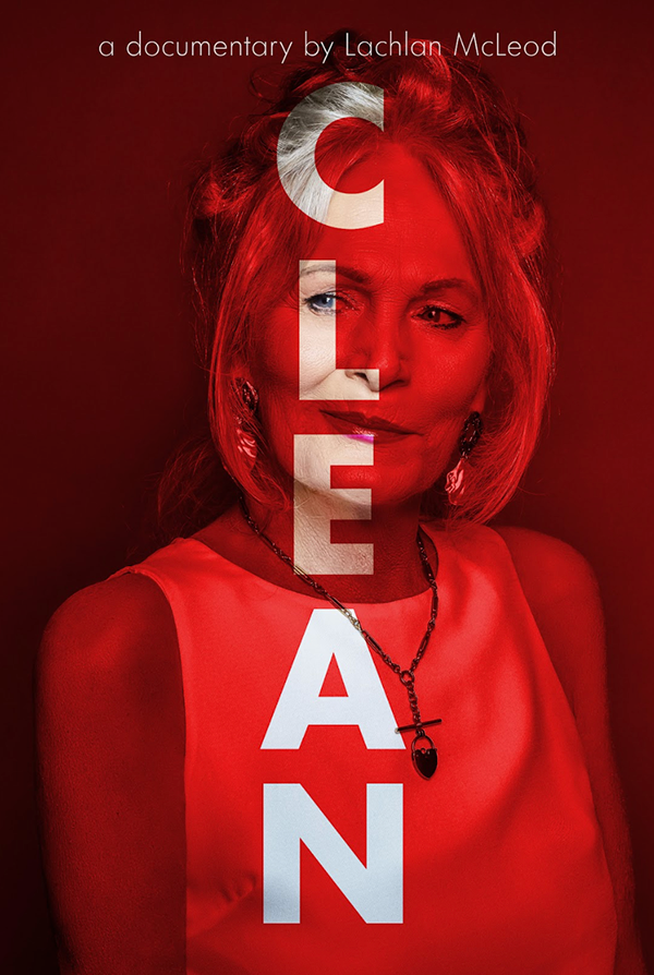 Promotional poster for a documentary titled "Clean" by Lachlan McLeod, featuring a person in a red-tinted background.