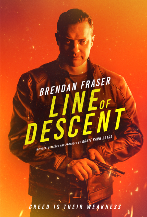 "Line of Descent" movie poster featuring a man in a leather jacket holding a gun, with the tagline "Greed is their weakness."