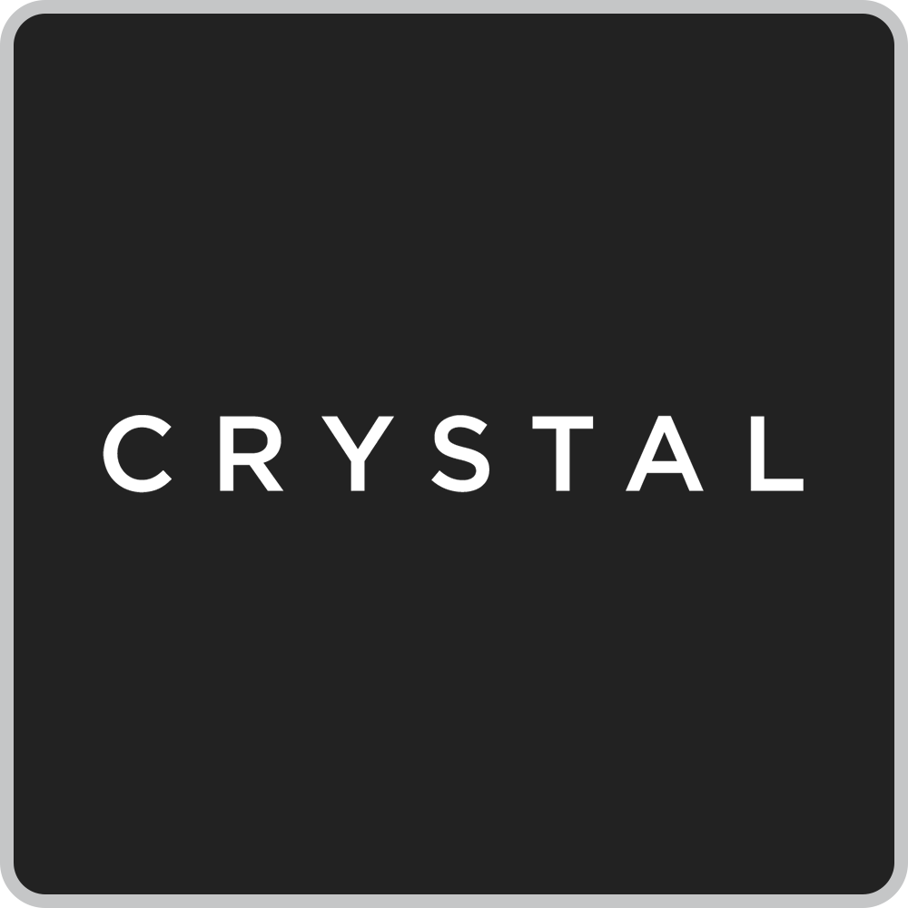 A black square with the word 'CRYSTAL' written in white capital letters in the center.