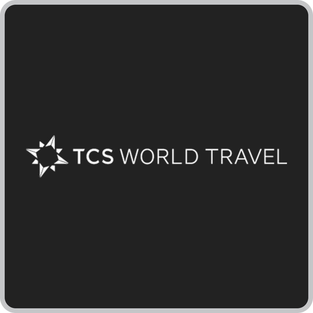 Black background with the TCS World Travel logo, which includes a stylized star or compass symbol, and white text reading 'TCS WORLD TRAVEL'.