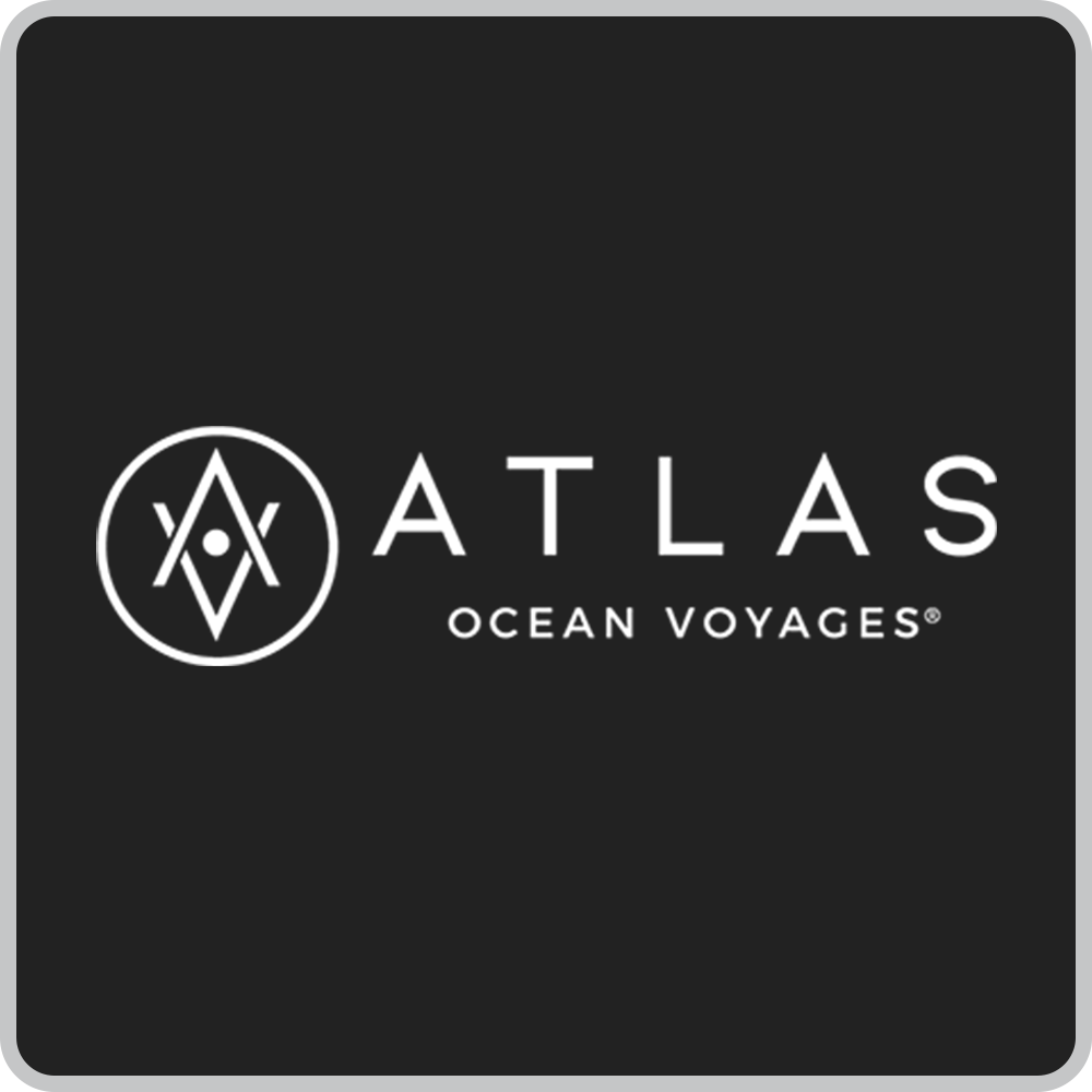 Logo for Atlas Ocean Voyages with a black background and white design, featuring a circular emblem with geometric shapes and a central dot, and the words 'ATLAS OCEAN VOYAGES' in capital letters.