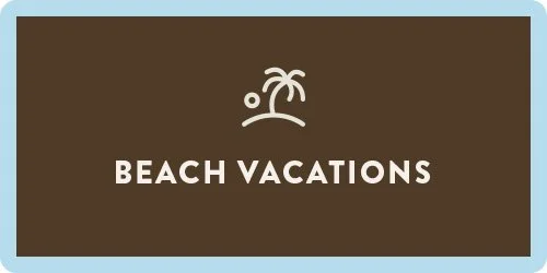 Brown rectangular sign with white palm tree and boat icon, and the text 'Beach Vacations' in white.