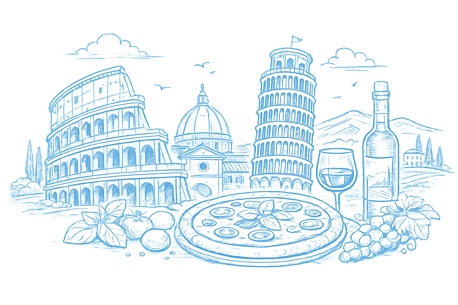 Line drawing of famous Italian landmarks including the Colosseum, St. Peter's Cathedral, Leaning Tower of Pisa, and Mount Vesuvius. There is a pizza, a glass of wine, a bottle of wine, grapes, and fruit slices in the foreground, suggesting an Italian theme.
