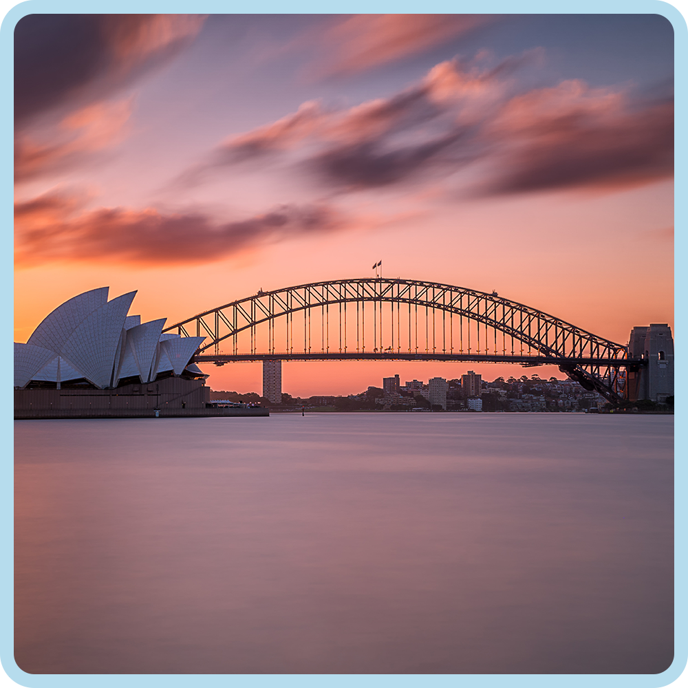 Sydney Opera House and Harbour Bridge at sunset with colorful clouds in the sky