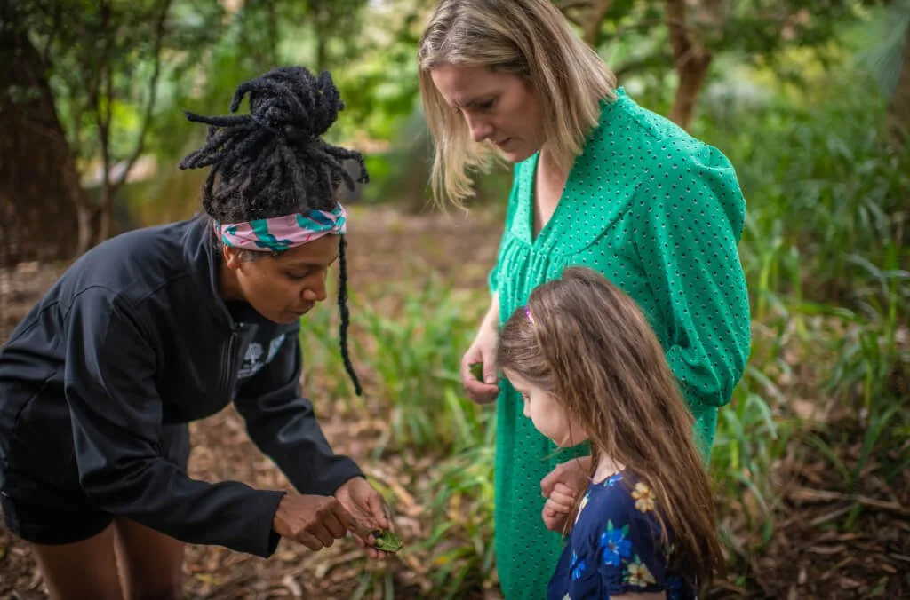 Three people, an adult woman and two children, observe and examine a frog in a wooded outdoor area.