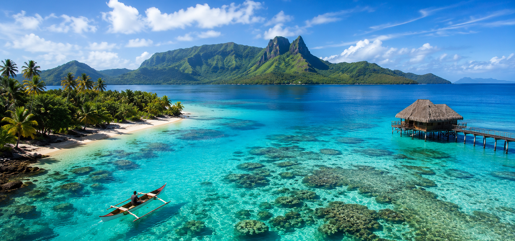 Tropical beach with clear turquoise water, overwater hut with a pier, palm trees lining the shore, man paddling a canoe, and green mountains in the background under a partly cloudy sky.
