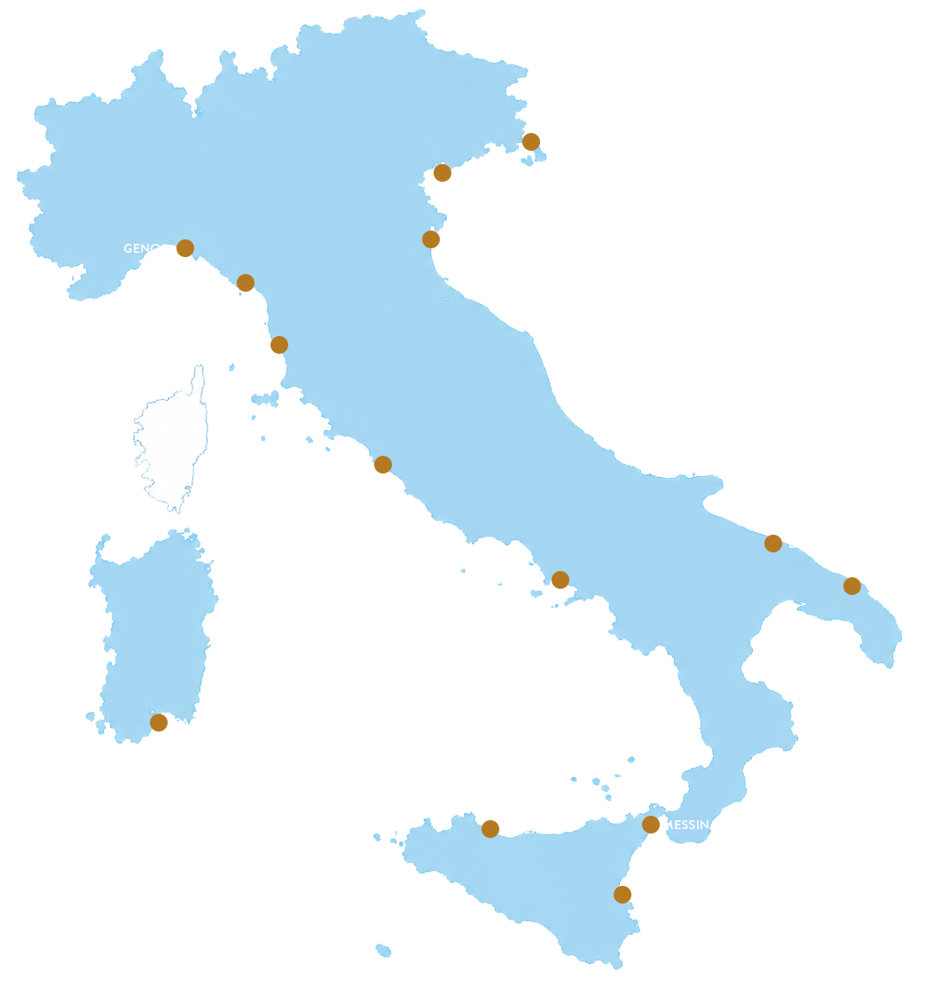 Map of Italy with marked locations including Genoa, Venice, Naples, Messina, Calvi, and others, showing transportation or travel routes across the country.