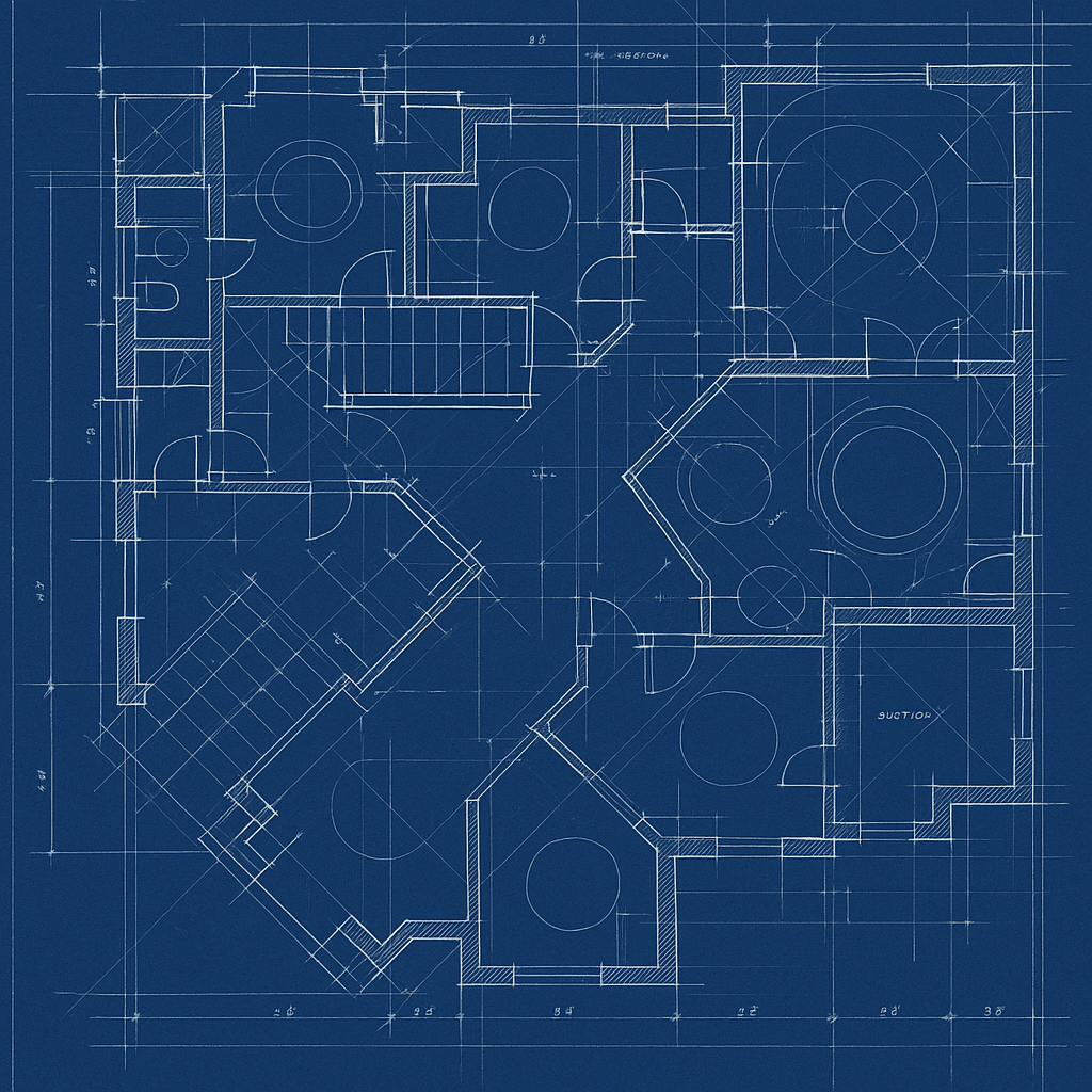Blueprint of a house floor plan with various rooms, doors, and circular features, drawn in white lines on a blue background.