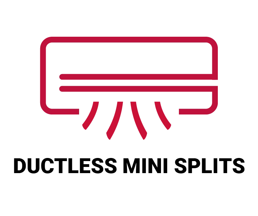 A red and white icon showing a wall-mounted ductless mini-split unit with airflow lines for cooling and heating services.