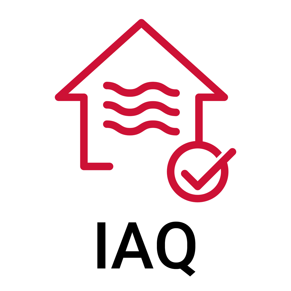 A red icon of a house containing air waves and a checkmark, representing professional Indoor Air Quality (IAQ) testing and purification services.