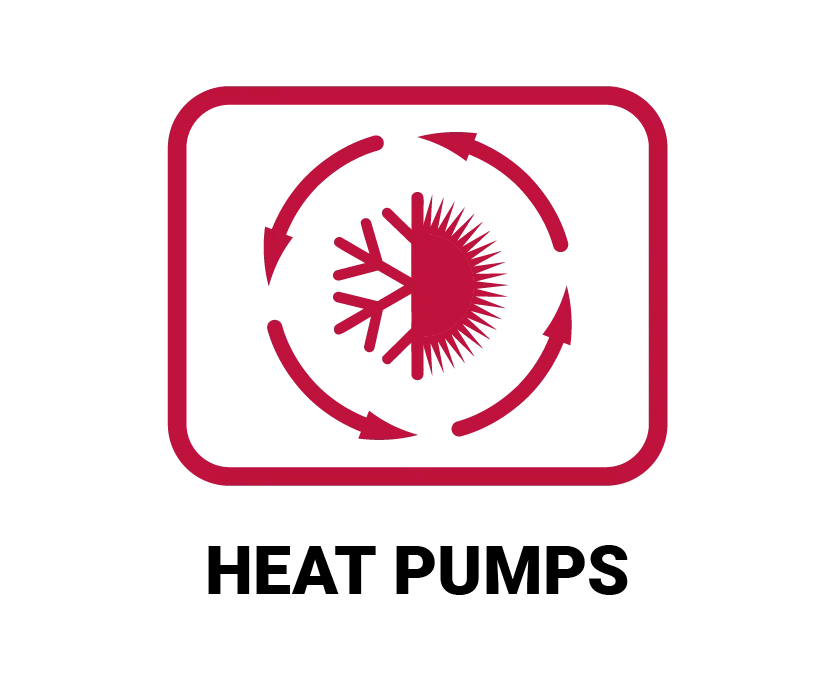 An HVAC icon for heat pumps featuring a snowflake and sun with circular arrows to represent year-round heating and cooling efficiency.